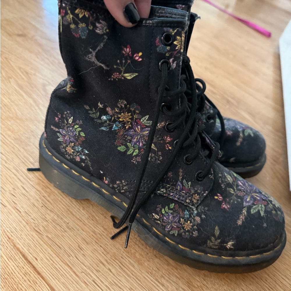 Dr. Martens Black Combat Moto Boots with Floral Design